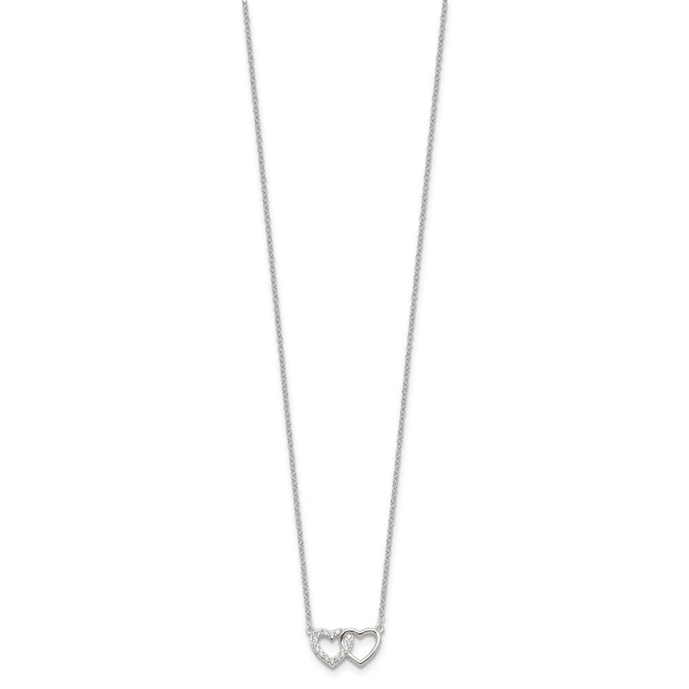 Sterling Silver E-Coating CZ Double Heart 16in w/2in Ext Necklace