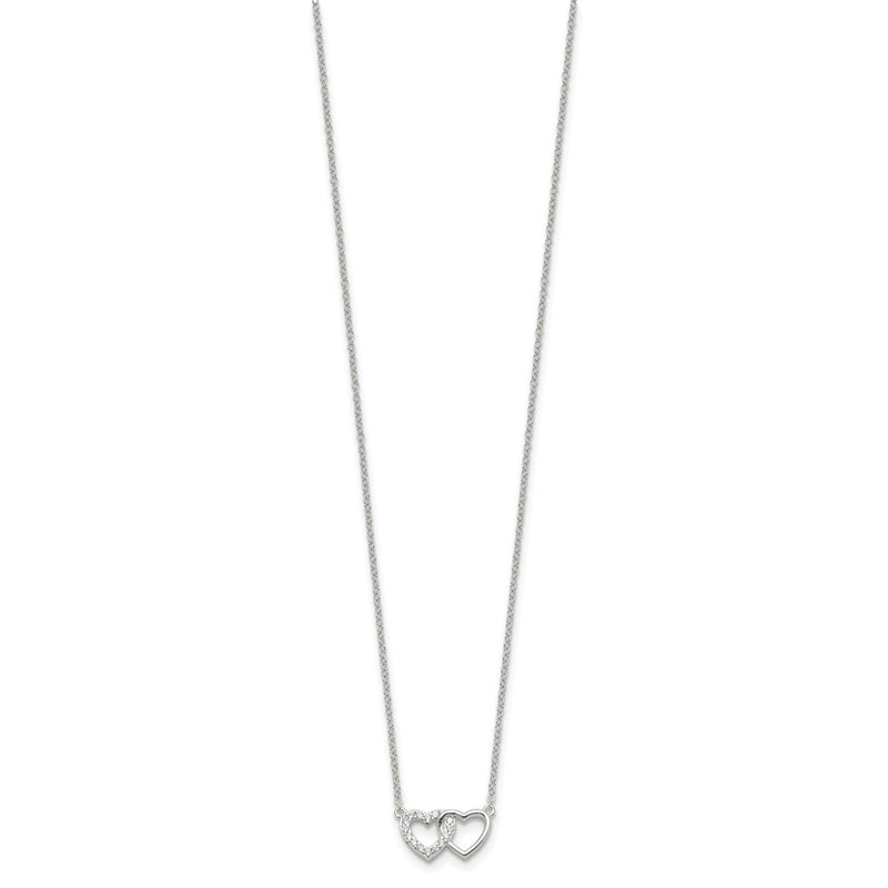 Sterling Silver E-Coating CZ Double Heart 16in w/2in Ext Necklace