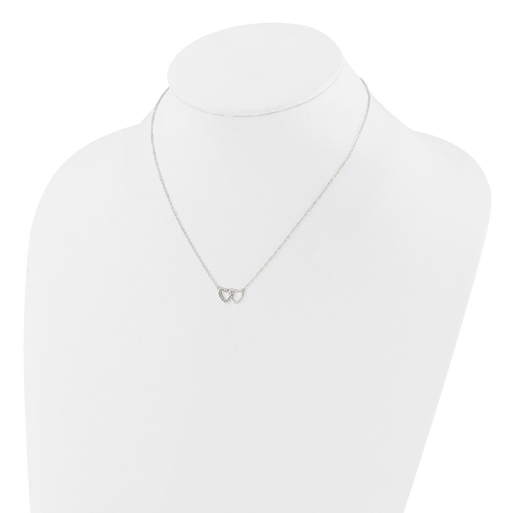 Sterling Silver E-Coating CZ Double Heart 16in w/2in Ext Necklace