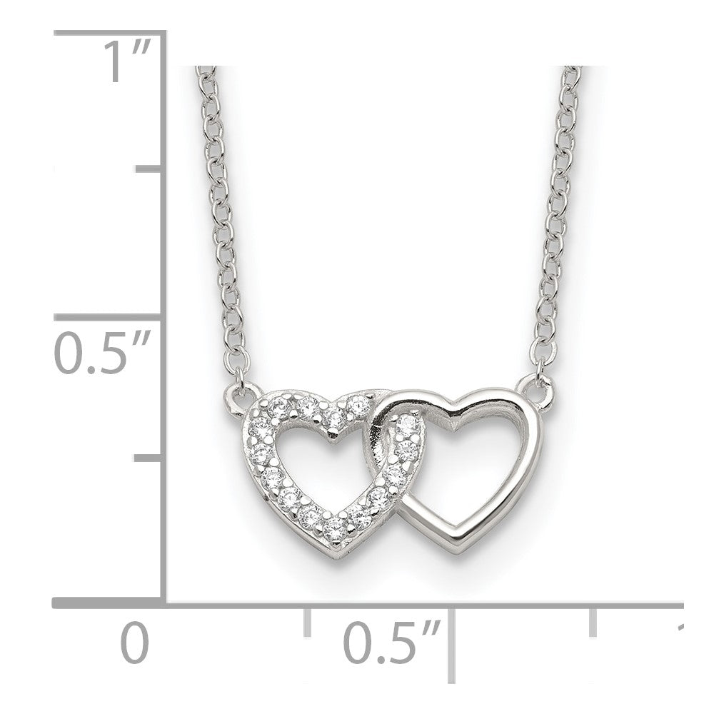 Sterling Silver E-Coating CZ Double Heart 16in w/2in Ext Necklace