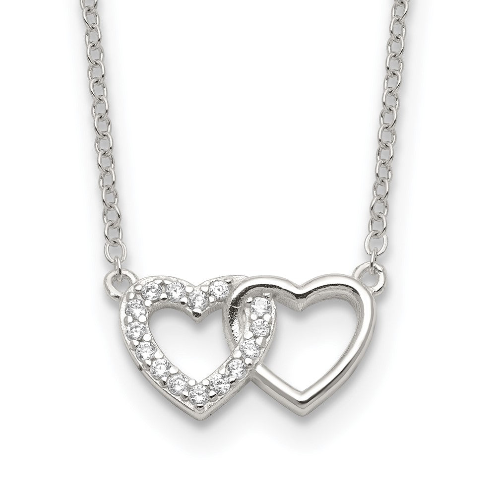 Sterling Silver E-Coating CZ Double Heart 16in w/2in Ext Necklace