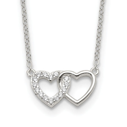 Sterling Silver E-Coating CZ Double Heart 16in w/2in Ext Necklace