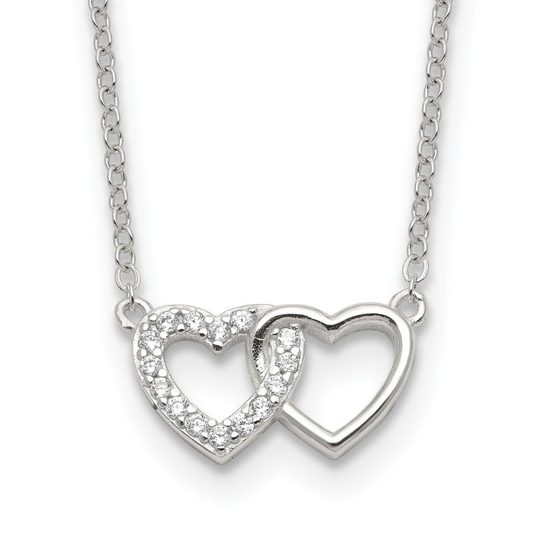 Sterling Silver E-Coating CZ Double Heart 16in w/2in Ext Necklace