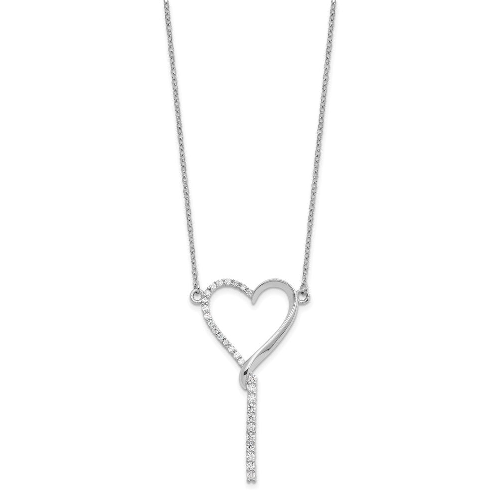 Sterling Silver Rhodium Plated Polished CZ Dangle Heart W/ 2.25in Ext. Necklace