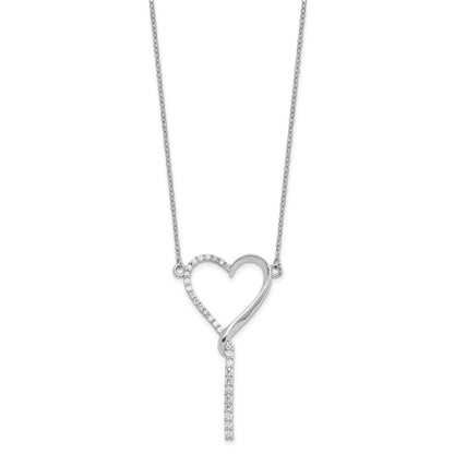 Sterling Silver Rhodium Plated Polished CZ Dangle Heart W/ 2.25in Ext. Necklace