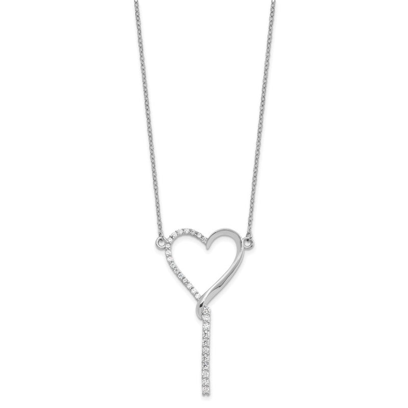 Sterling Silver Rhodium Plated Polished CZ Dangle Heart W/ 2.25in Ext. Necklace