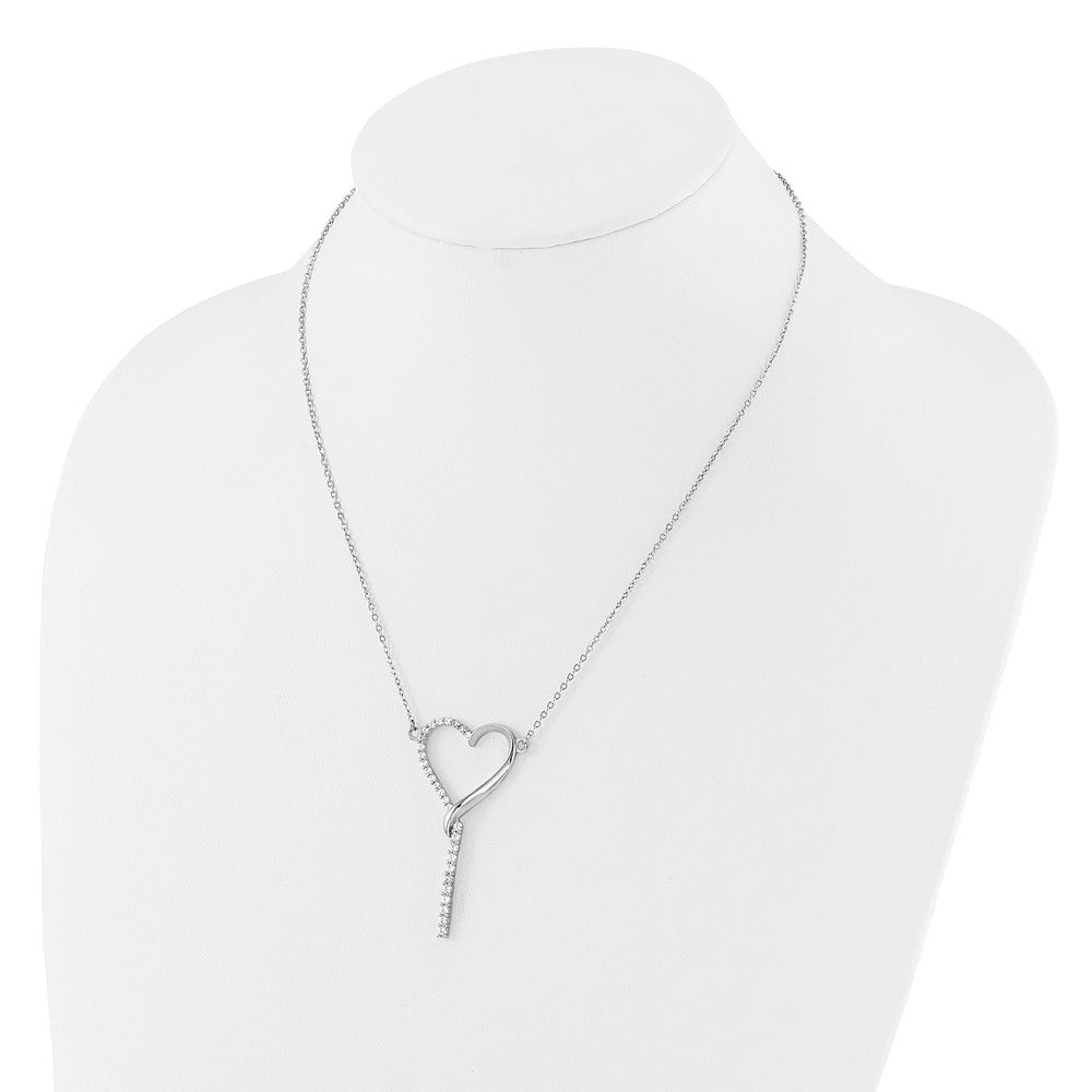 Sterling Silver Rhodium Plated Polished CZ Dangle Heart W/ 2.25in Ext. Necklace