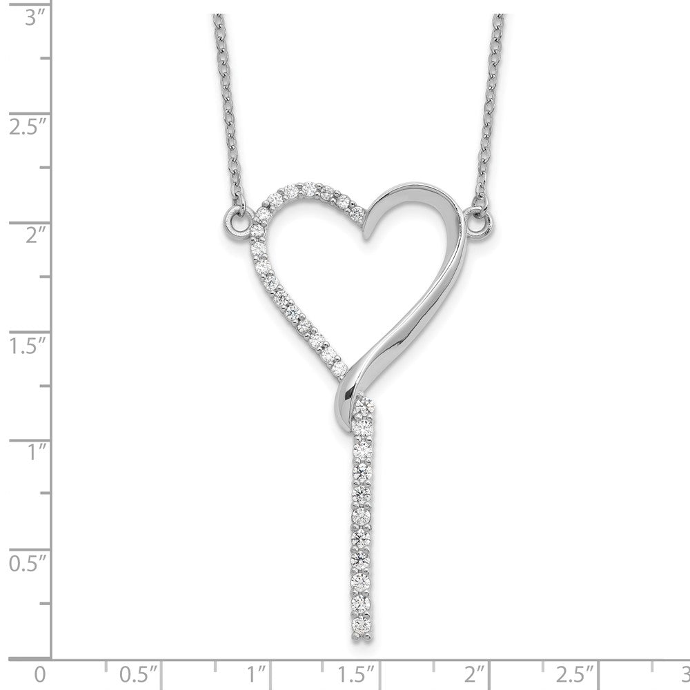 Sterling Silver Rhodium Plated Polished CZ Dangle Heart W/ 2.25in Ext. Necklace