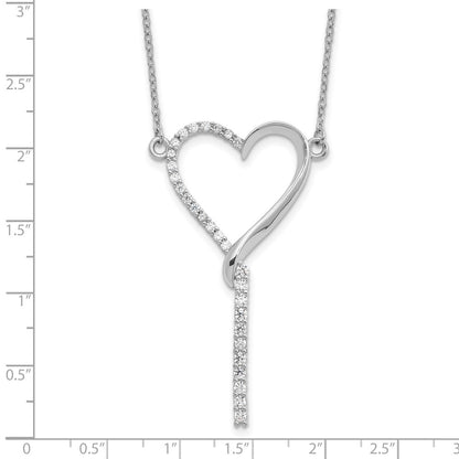 Sterling Silver Rhodium Plated Polished CZ Dangle Heart W/ 2.25in Ext. Necklace
