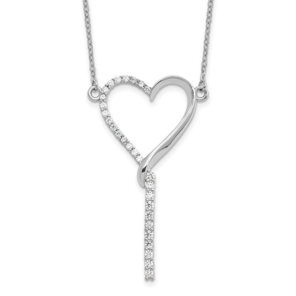 Sterling Silver Rhodium Plated Polished CZ Dangle Heart W/ 2.25in Ext. Necklace