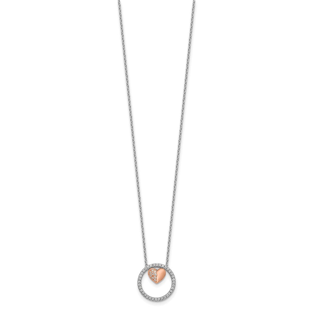 Sterling Silver Rhodium Plated Rose-Tone CZ Heart w/1in Ext Necklace