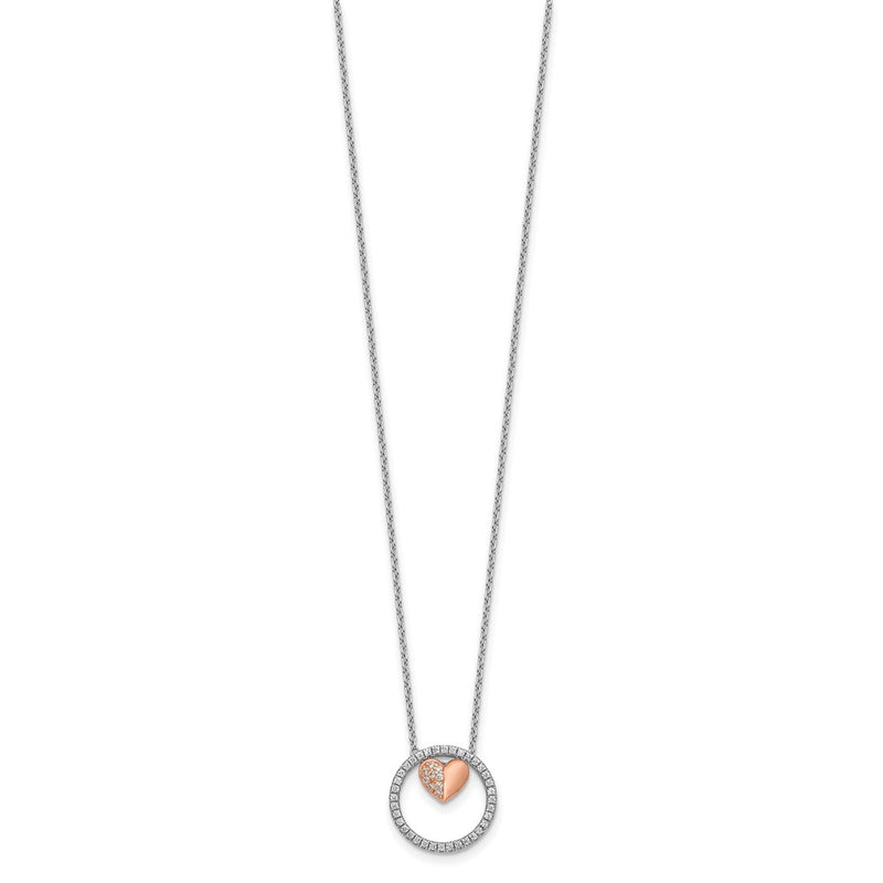 Sterling Silver Rhodium Plated Rose-Tone CZ Heart w/1in Ext Necklace