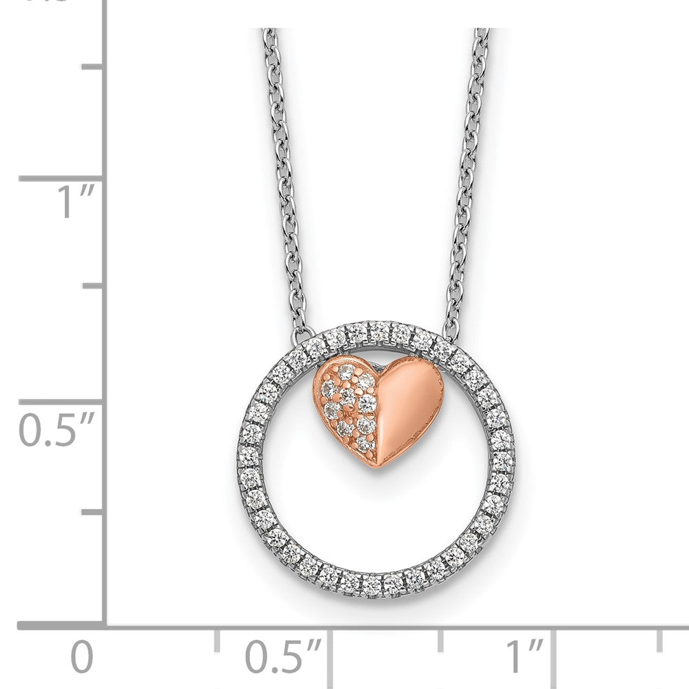 Sterling Silver Rhodium Plated Rose-Tone CZ Heart w/1in Ext Necklace