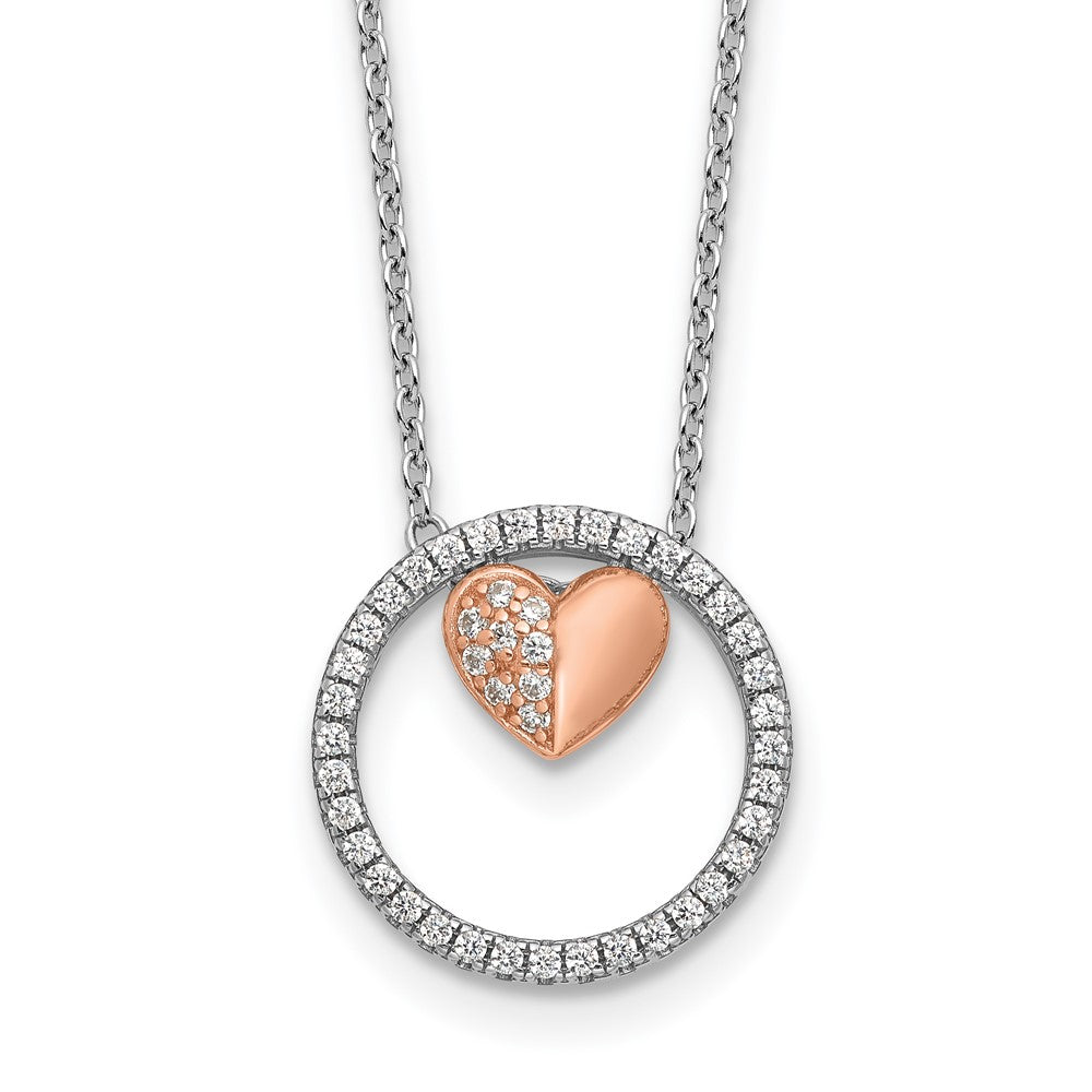 Sterling Silver Rhodium Plated Rose-Tone CZ Heart w/1in Ext Necklace