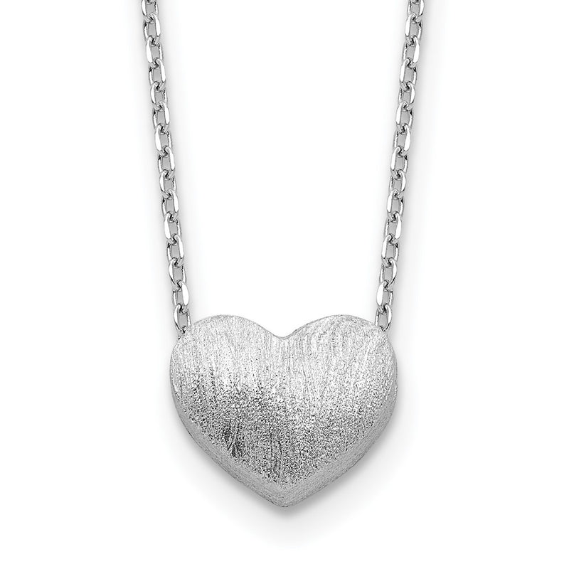Sterling Silver Rho-Plated Brushed Heart 16.5in w/1in Ext Necklace