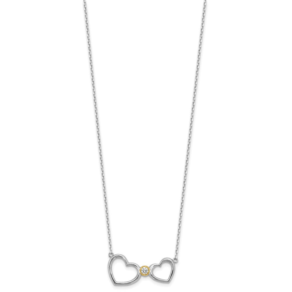 Sterling Silver w/Silver/14K Two-Tone Accent Rhodium Plated CZ Heart w/2in. Ext Necklace