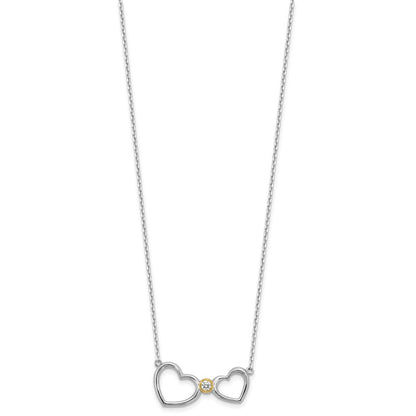 Sterling Silver w/Silver/14K Two-Tone Accent Rhodium Plated CZ Heart w/2in. Ext Necklace