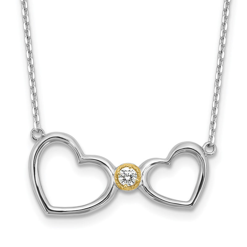 Sterling Silver w/Silver/14K Two-Tone Accent Rhodium Plated CZ Heart w/2in. Ext Necklace