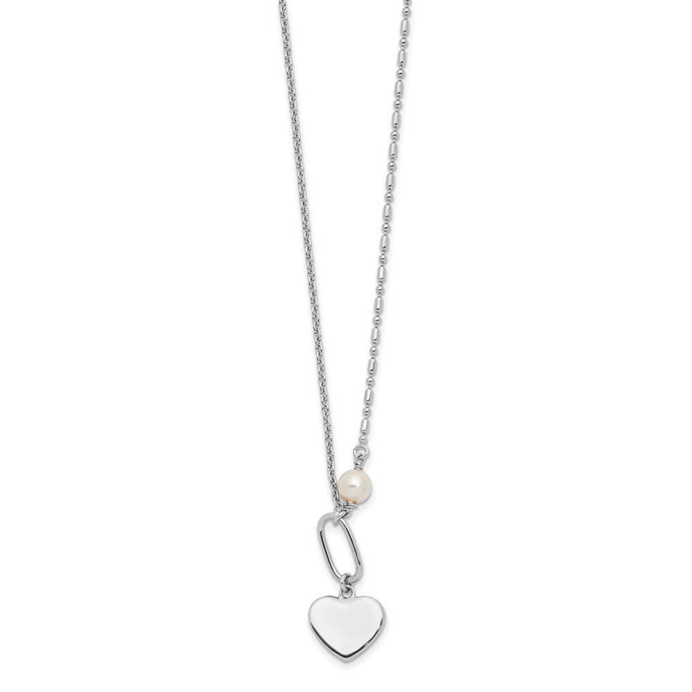 Sterling Silver Rhodium-Plated Glass Pearl/heart 16in w/2 in Ext Necklace