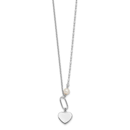 Sterling Silver Rhodium-Plated Glass Pearl/heart 16in w/2 in Ext Necklace