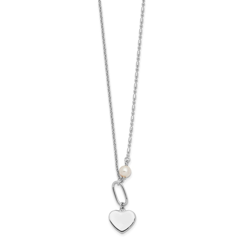 Sterling Silver Rhodium-Plated Glass Pearl/heart 16in w/2 in Ext Necklace