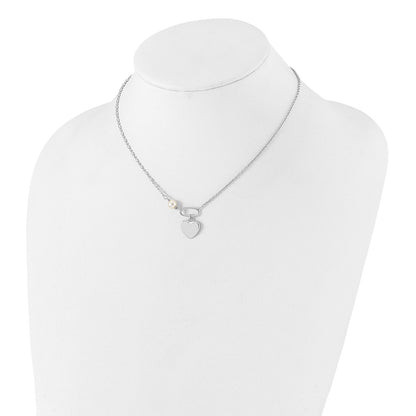 Sterling Silver Rhodium-Plated Glass Pearl/heart 16in w/2 in Ext Necklace