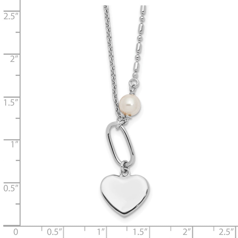 Sterling Silver Rhodium-Plated Glass Pearl/heart 16in w/2 in Ext Necklace