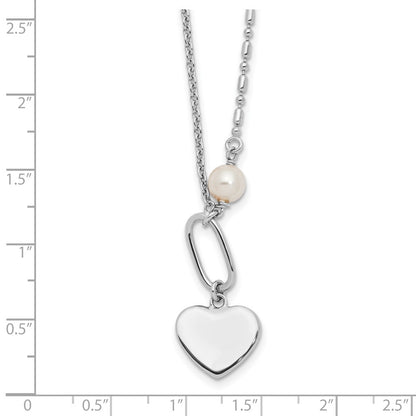 Sterling Silver Rhodium-Plated Glass Pearl/heart 16in w/2 in Ext Necklace