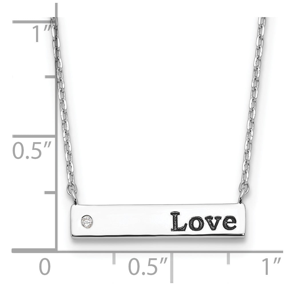 Sterling Silver Rhodium-Plated CZ Love Enamel Bar w/2in Ext Necklace