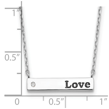 Sterling Silver Rhodium-Plated CZ Love Enamel Bar w/2in Ext Necklace