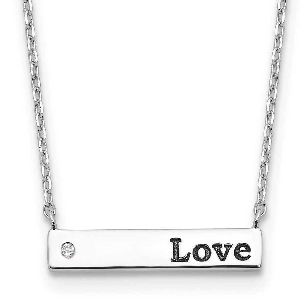 Sterling Silver Rhodium-Plated CZ Love Enamel Bar w/2in Ext Necklace