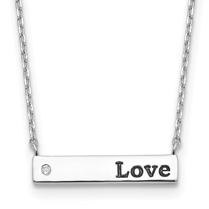 Sterling Silver Rhodium-Plated CZ Love Enamel Bar w/2in Ext Necklace
