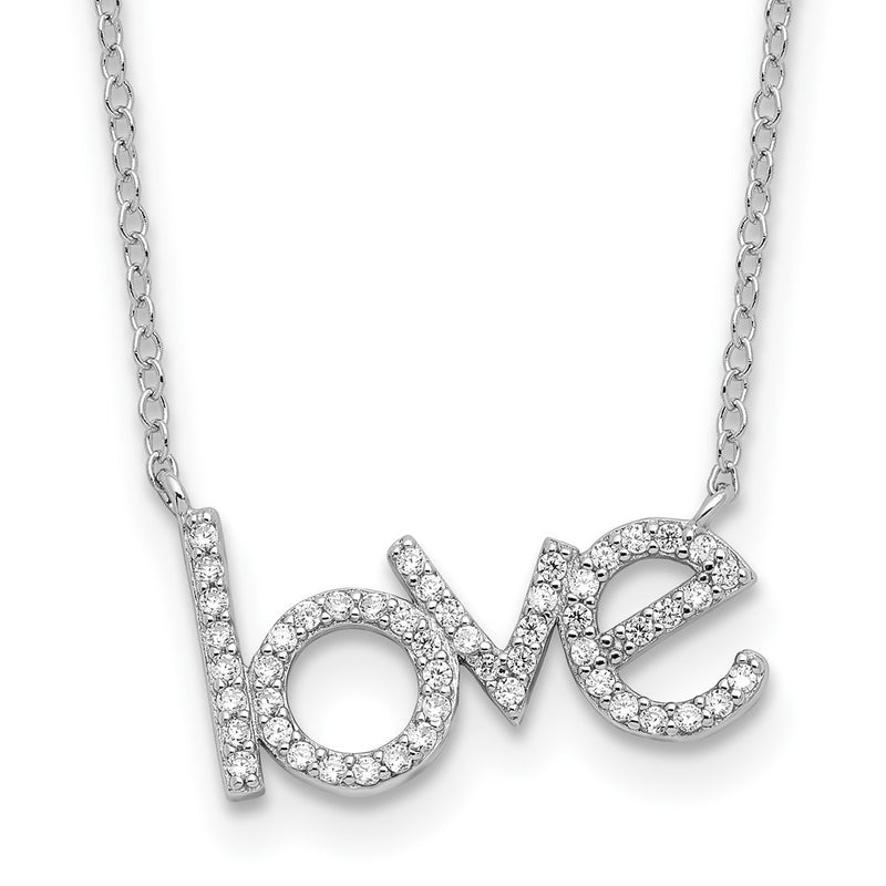 Sterling Silver Rhodium-Plated CZ Love 16in w/1.75in Ext Necklace