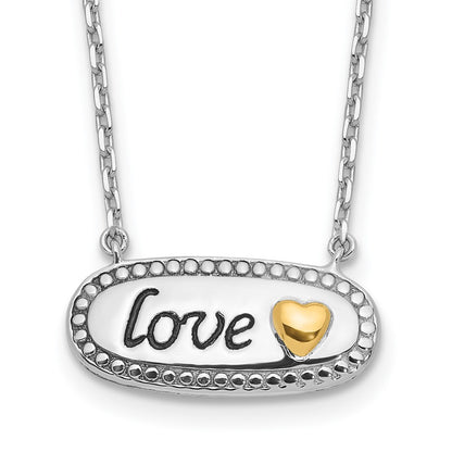 Sterling Silver w/Silver/14K Two-Tone Accent Rhodium Plated Enamel Love w/2in. Ext Necklace