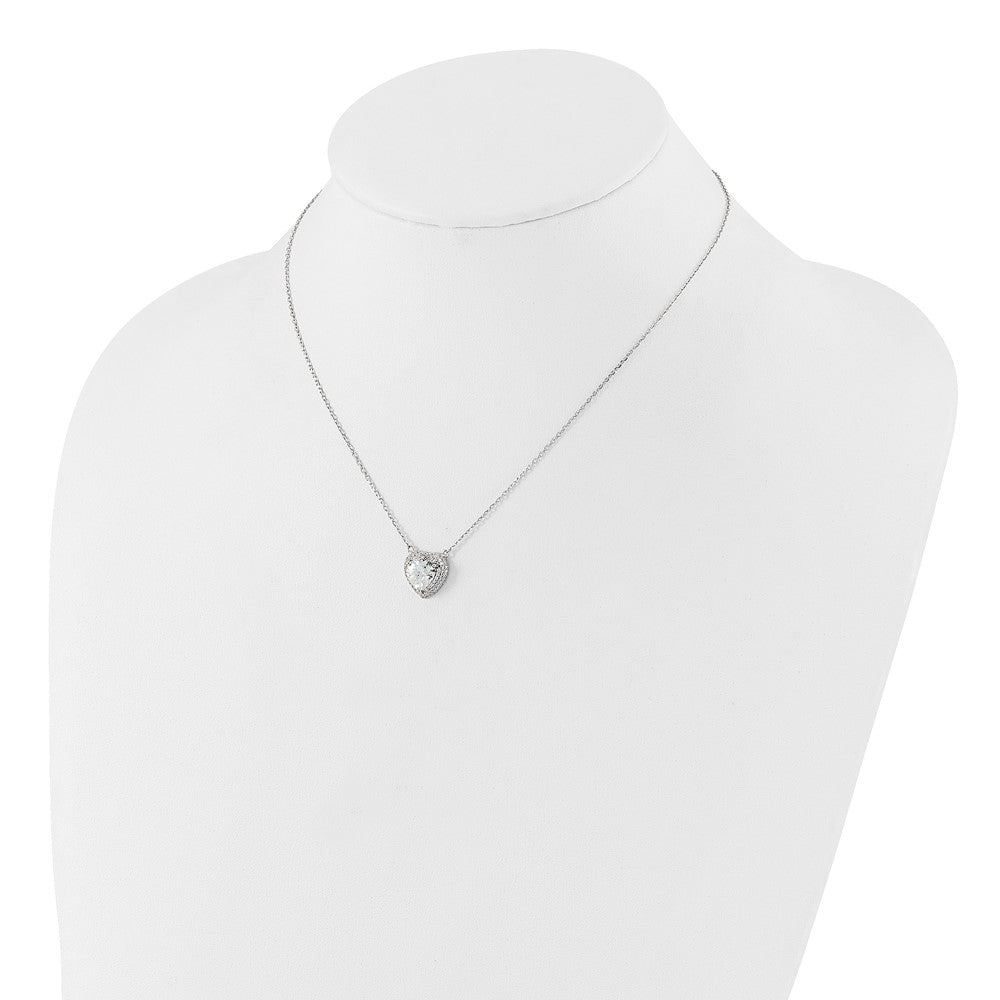 Sterling Silver Rhodium-Plated 8mm CZ Heart 16in w/2in Ext. Necklace