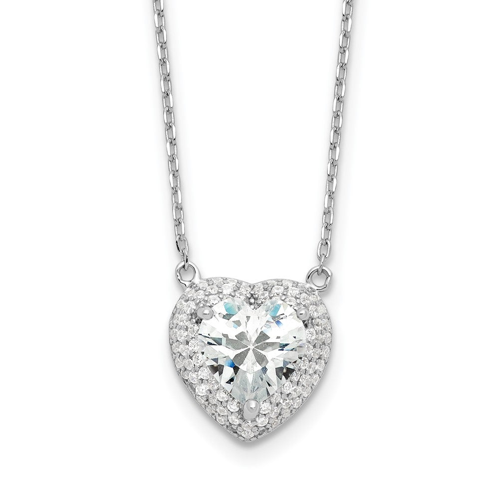 Sterling Silver Rhodium-Plated 8mm CZ Heart 16in w/2in Ext. Necklace