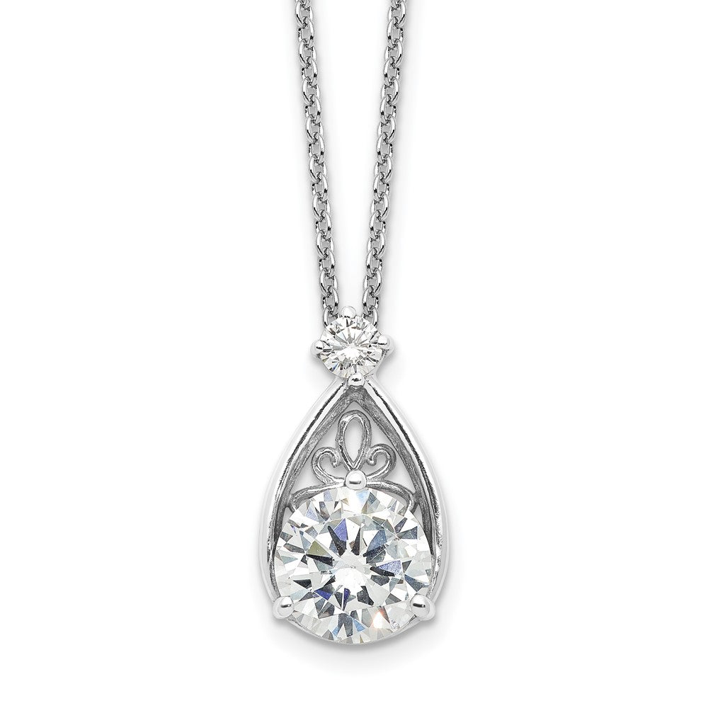 Sterling Silver Rhodium-Plated Teardrop CZ 16in w/2 in Ext Necklace