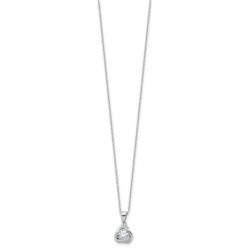 Sterling Silver Rhodium-Plated CZ in Love Knot 16in w/2in Ext Necklace