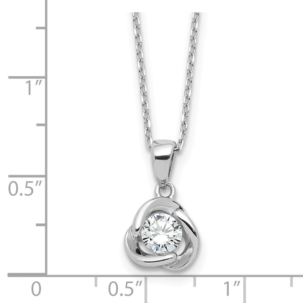 Sterling Silver Rhodium-Plated CZ in Love Knot 16in w/2in Ext Necklace