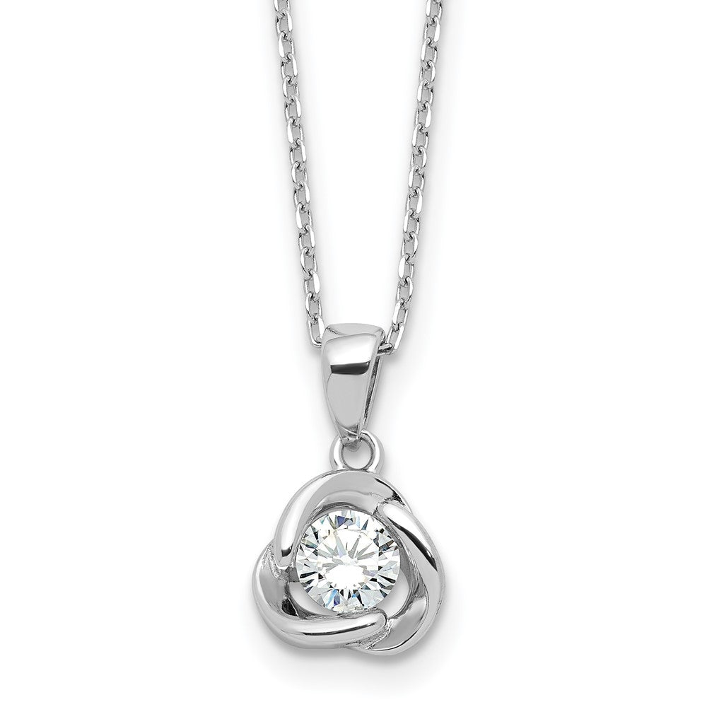 Sterling Silver Rhodium-Plated CZ in Love Knot 16in w/2in Ext Necklace