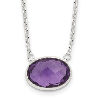 Sterling Silver Polished Oval Purple CZ 16.25in w/1in Ext Necklace