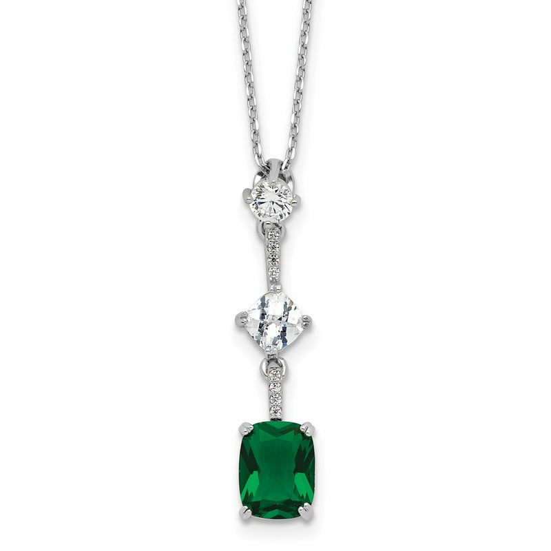 Sterling Silver Rhodium Plated Green and White CZ 16in w/2in Ext Necklace