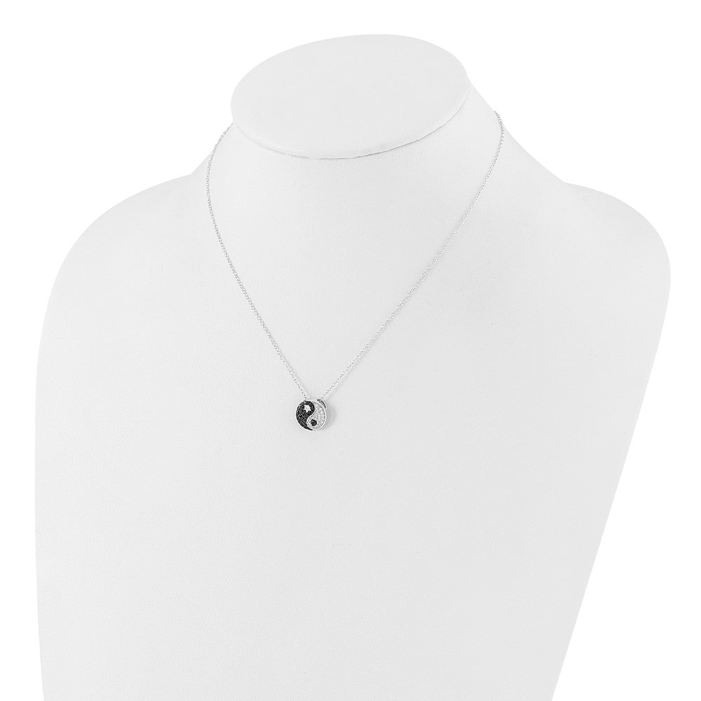 Sterling Silver Rhodium Plated Black/white CZ Yin Yang 16in w/2in Ext. Necklace