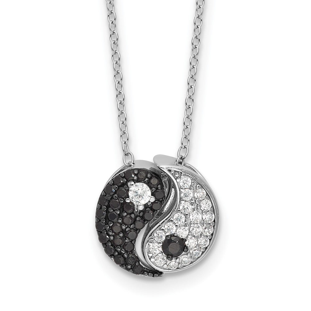 Sterling Silver Rhodium Plated Black/white CZ Yin Yang 16in w/2in Ext. Necklace