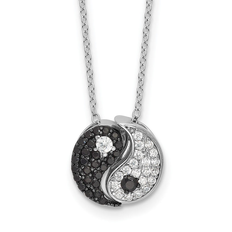 Sterling Silver Rhodium Plated Black/white CZ Yin Yang 16in w/2in Ext. Necklace