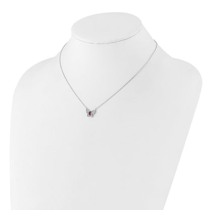 Sterling Silver Rhodium-Plated Red White CZ Butterfly w/2in Ext Necklace