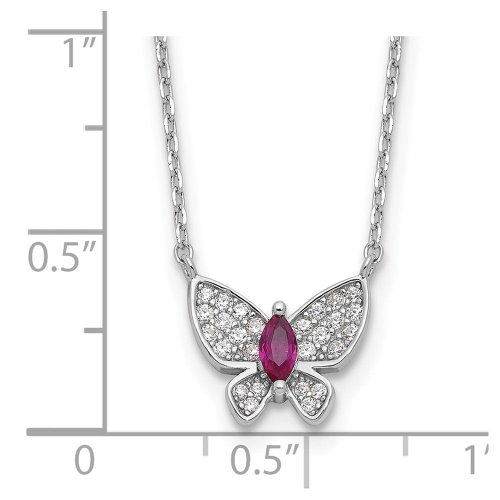 Sterling Silver Rhodium-Plated Red White CZ Butterfly w/2in Ext Necklace