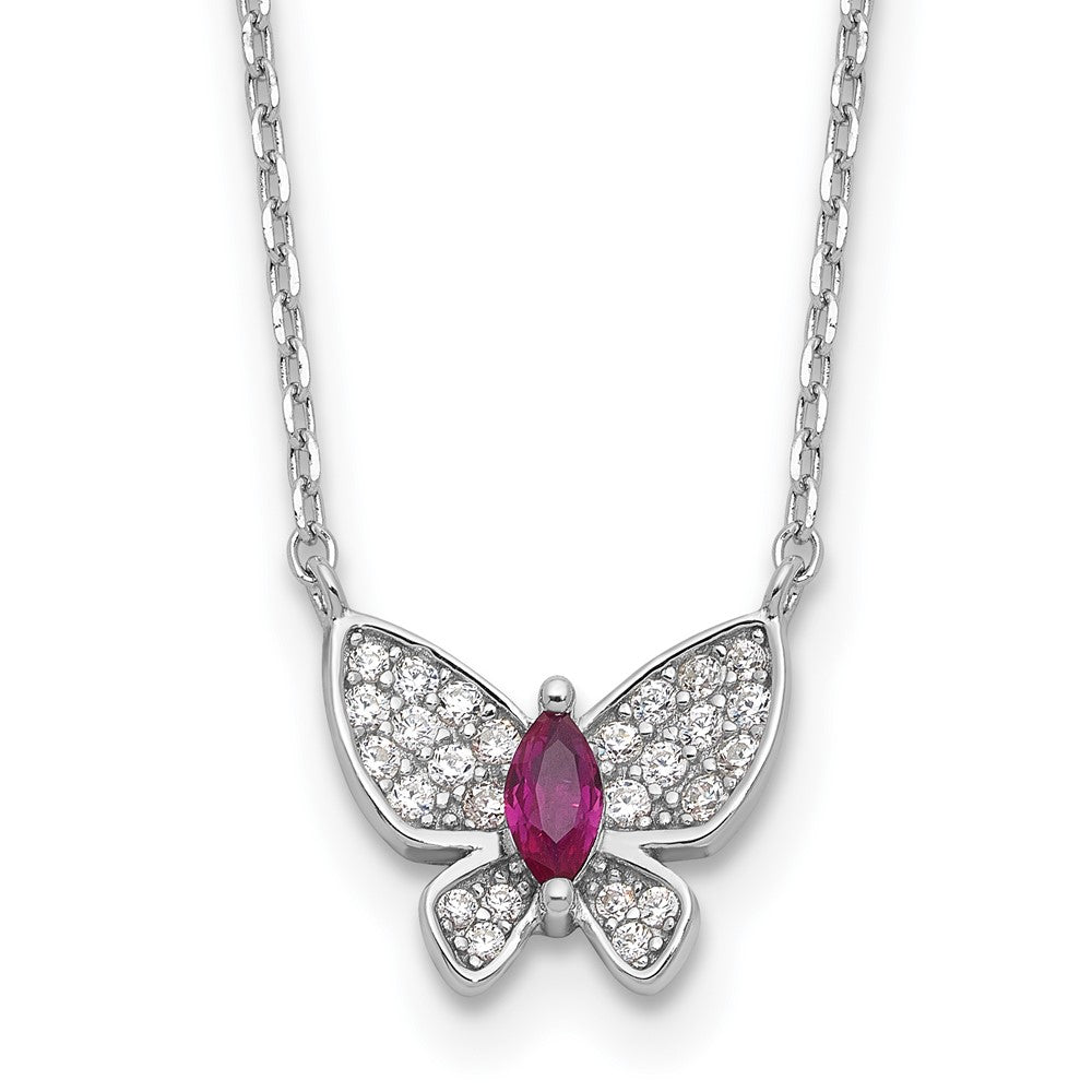 Sterling Silver Rhodium-Plated Red White CZ Butterfly w/2in Ext Necklace