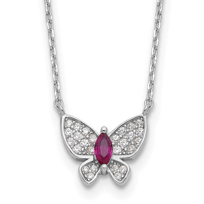 Sterling Silver Rhodium-Plated Red White CZ Butterfly w/2in Ext Necklace