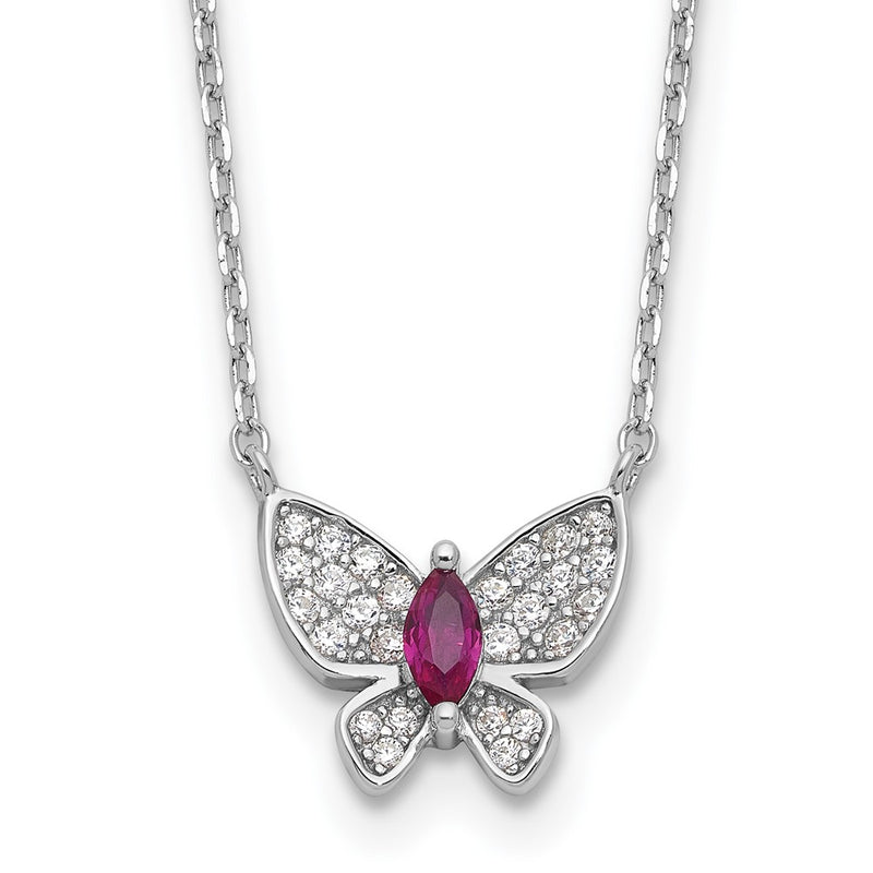 Sterling Silver Rhodium-Plated Red White CZ Butterfly w/2in Ext Necklace
